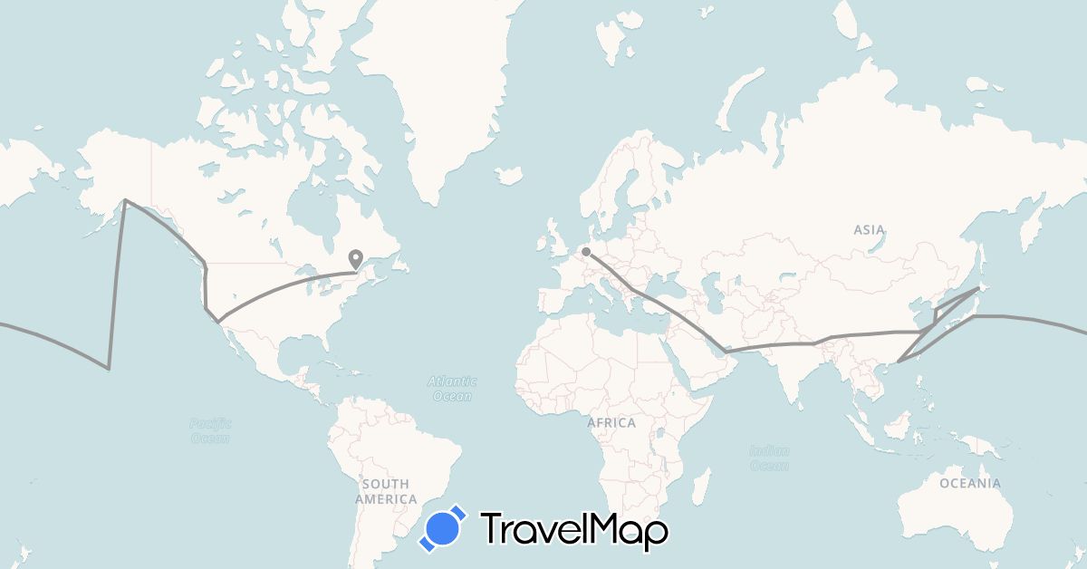 TravelMap itinerary: driving, plane in United Arab Emirates, Bulgaria, Canada, China, Germany, Hong Kong, Japan, South Korea, Nepal, Taiwan, United States (Asia, Europe, North America)